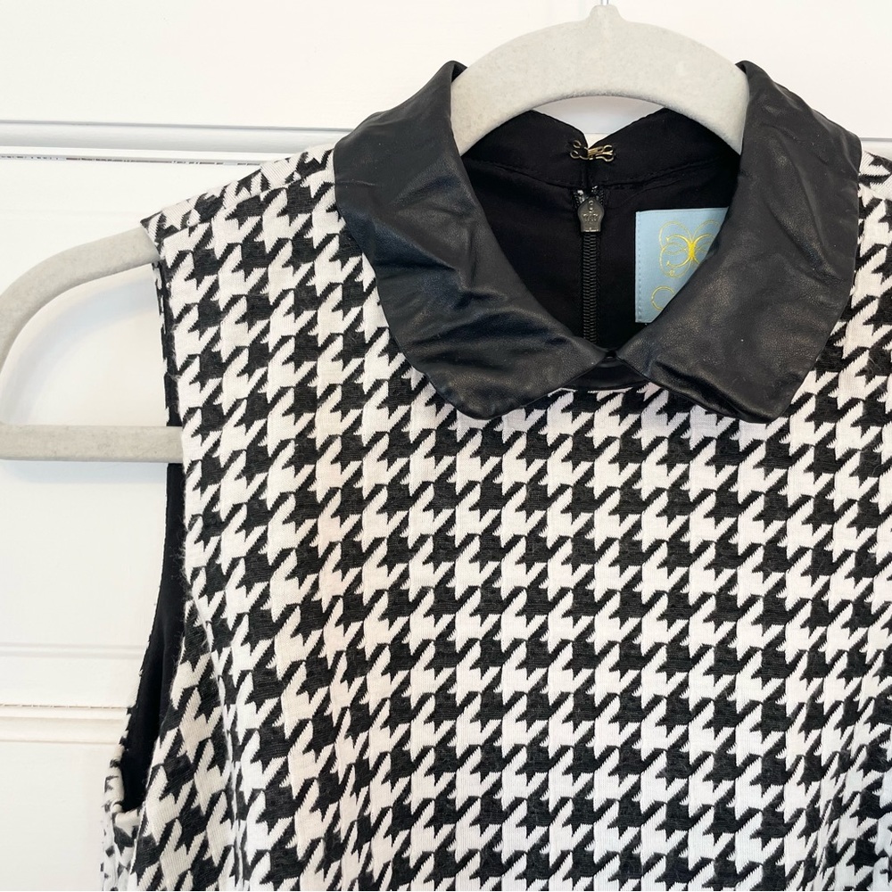 Boutique Houndstooth Dress, Faux Leather Collar, Size 0